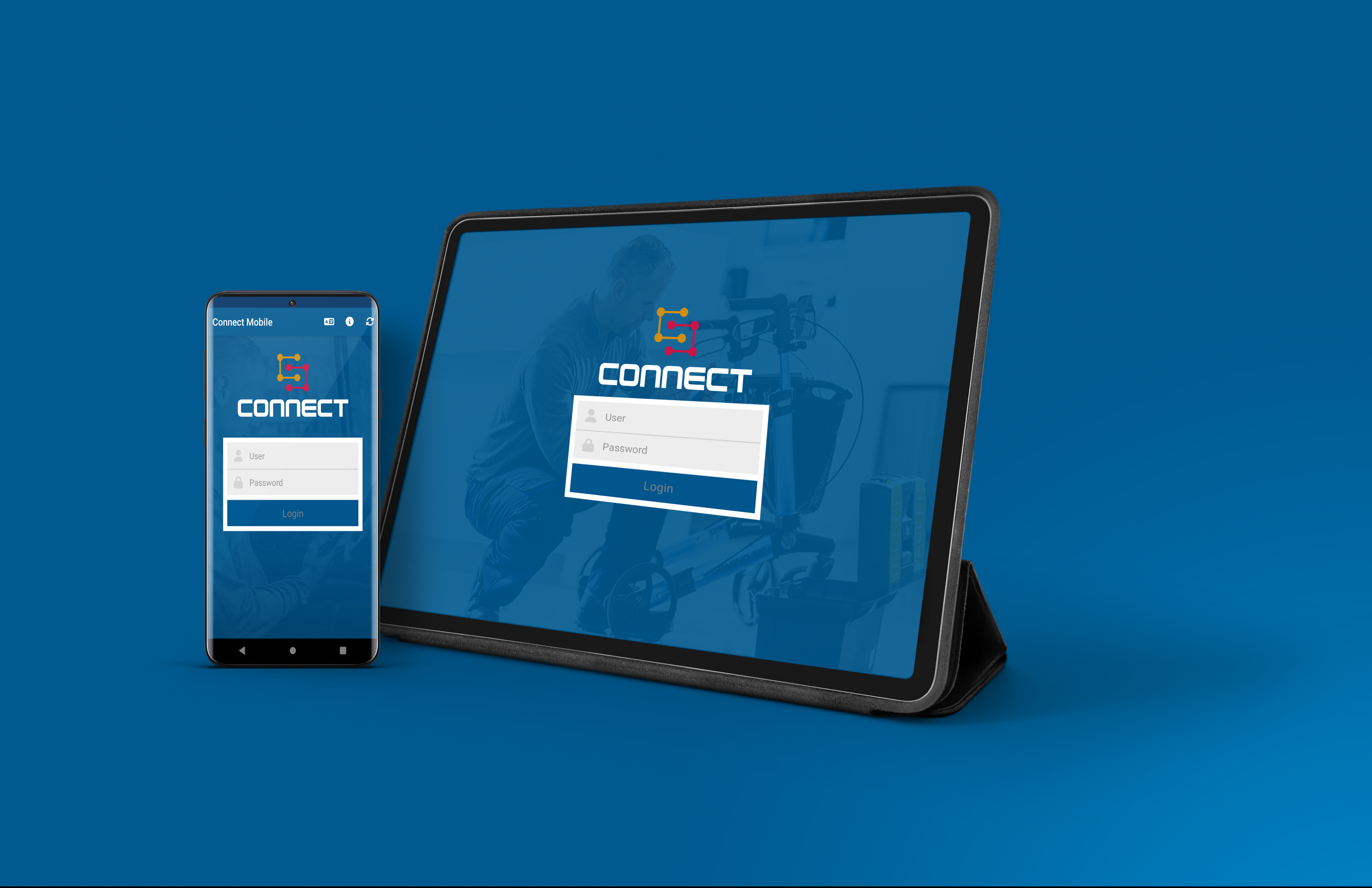 Tablet en mobiele telefoon met de Sigmax Connect-app, de ultieme field service-oplossing voor efficiënte en naadloze operaties.